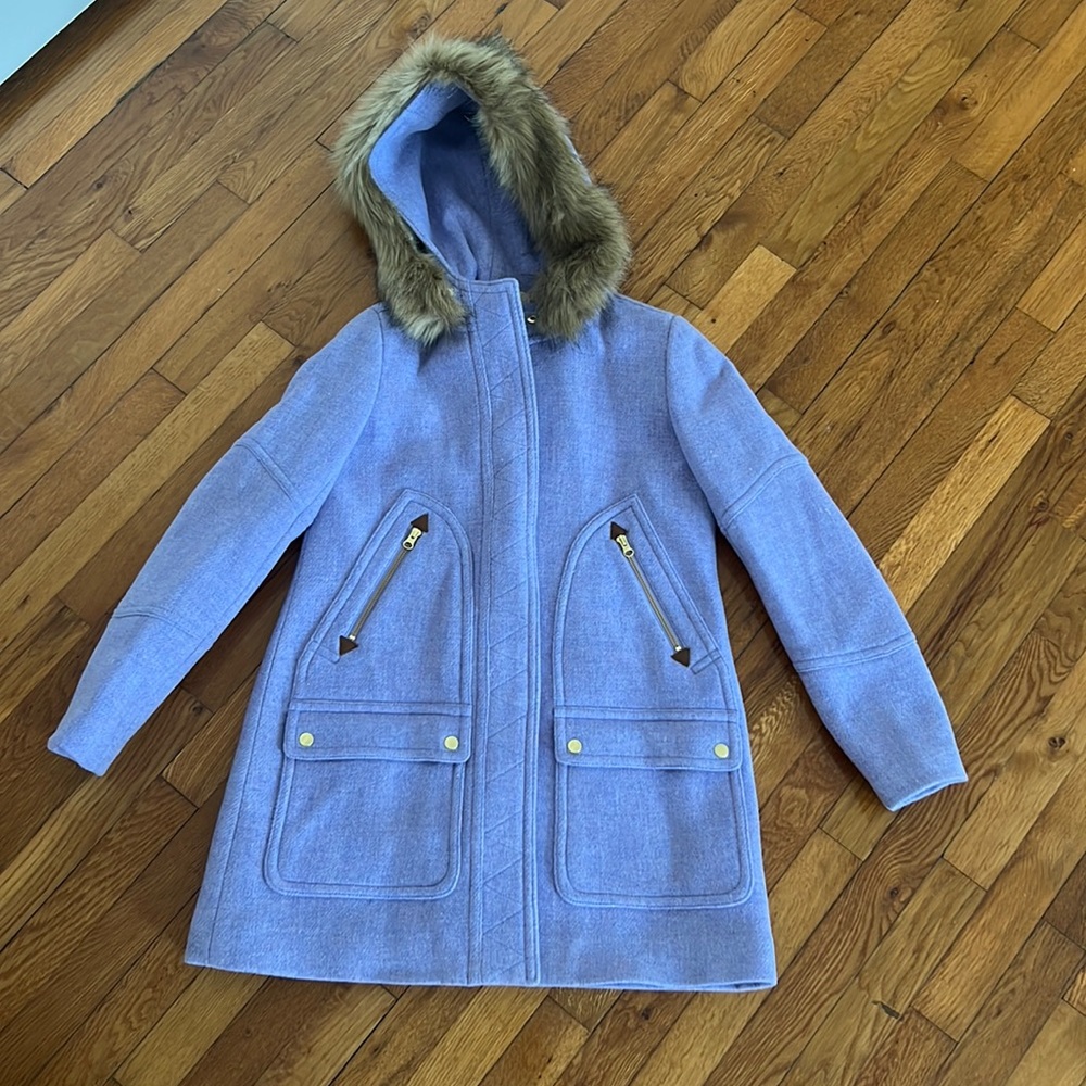 J CREW Purple and gold coat with removable fur hood